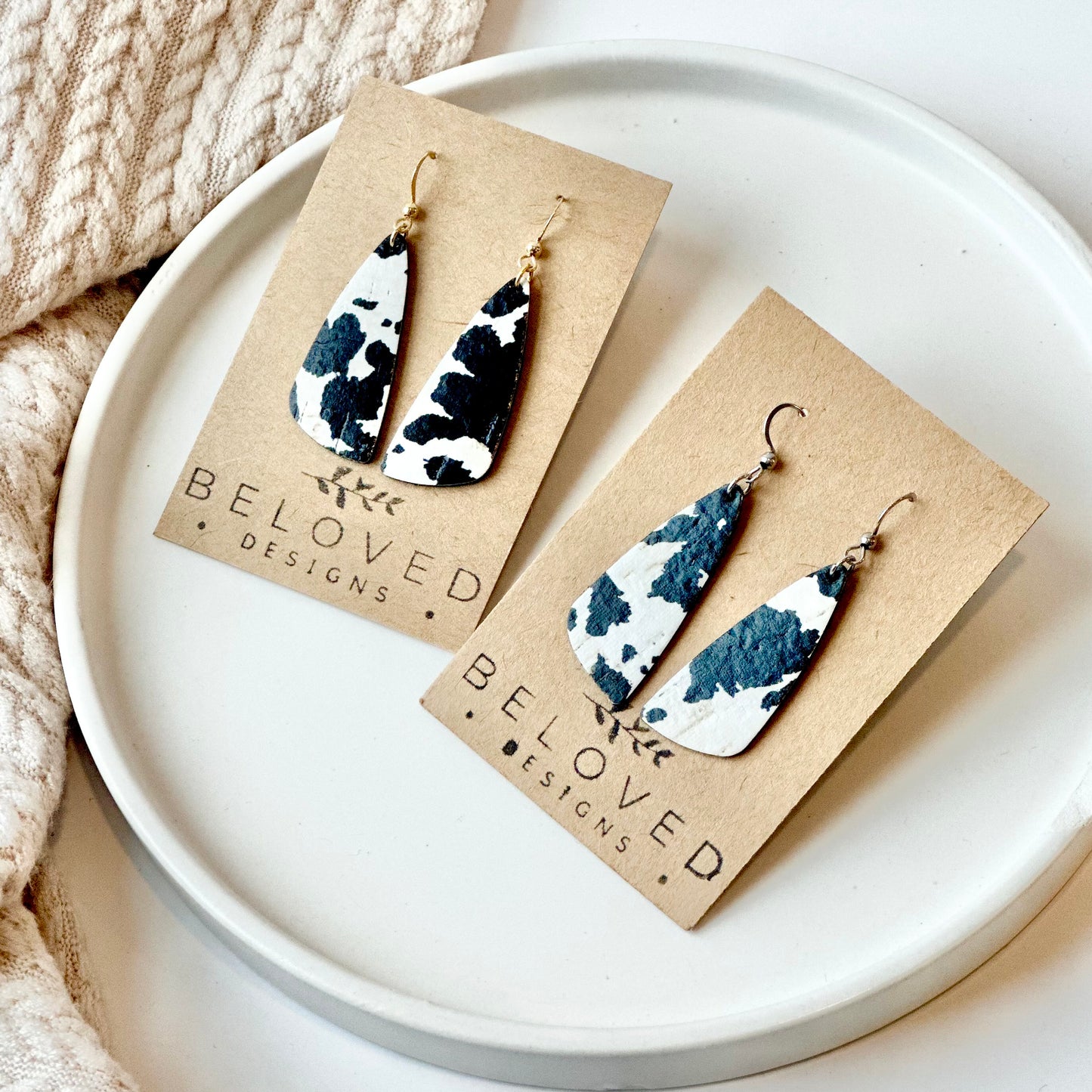 Cow Print Cork Leather Drop Leaf Earrings