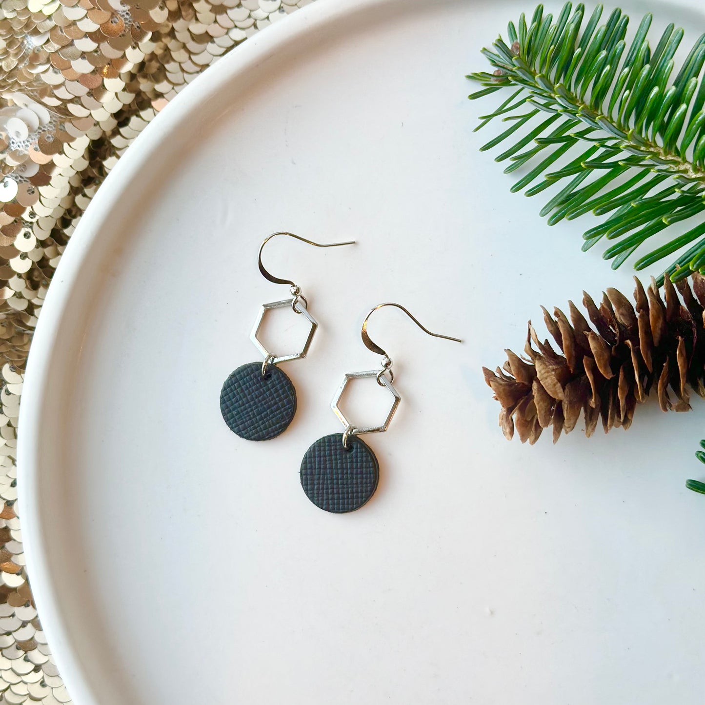 Black Textured Leather + Petite Rhodium Hexagon Earrings