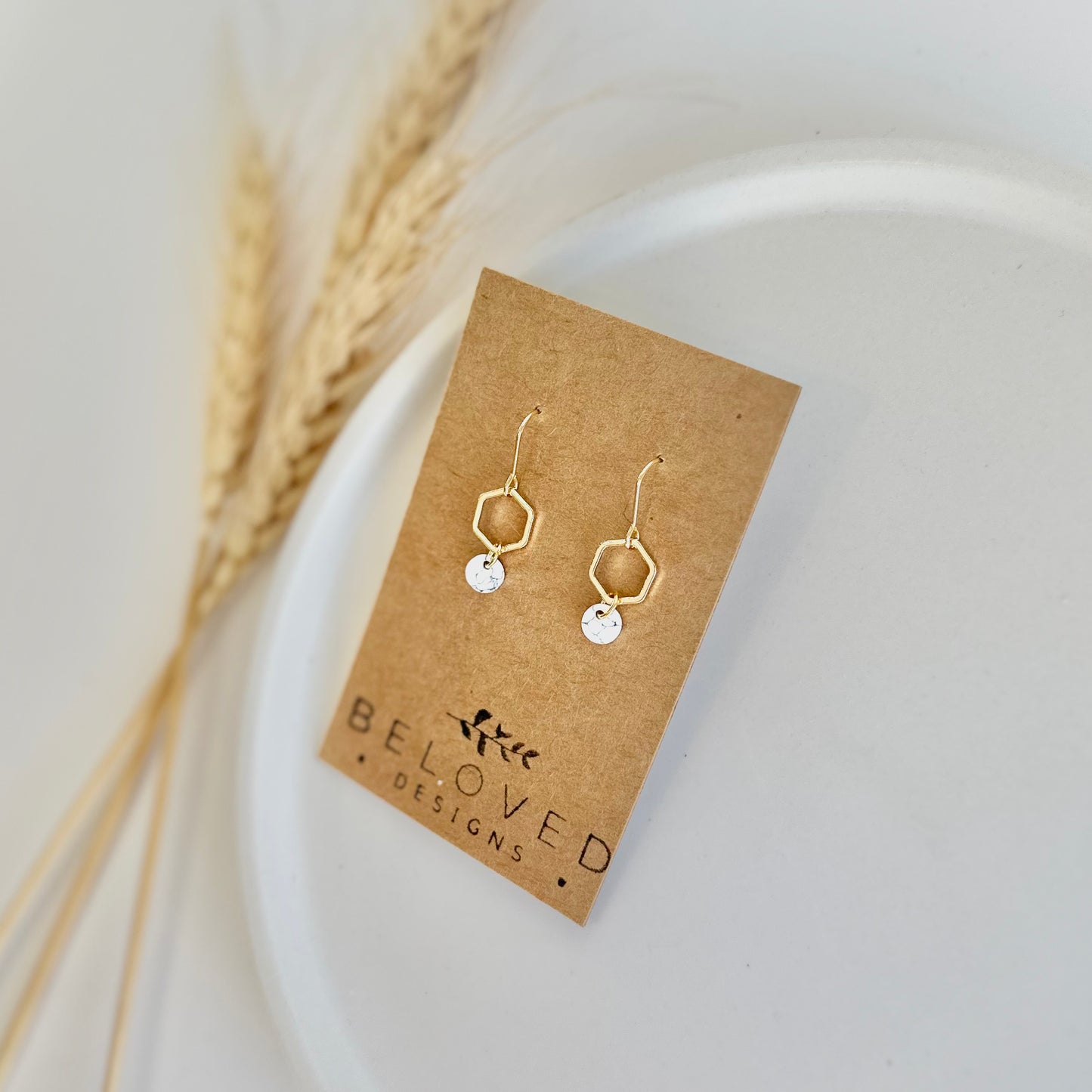 Petite Gold Hexagon + Howlite Earrings