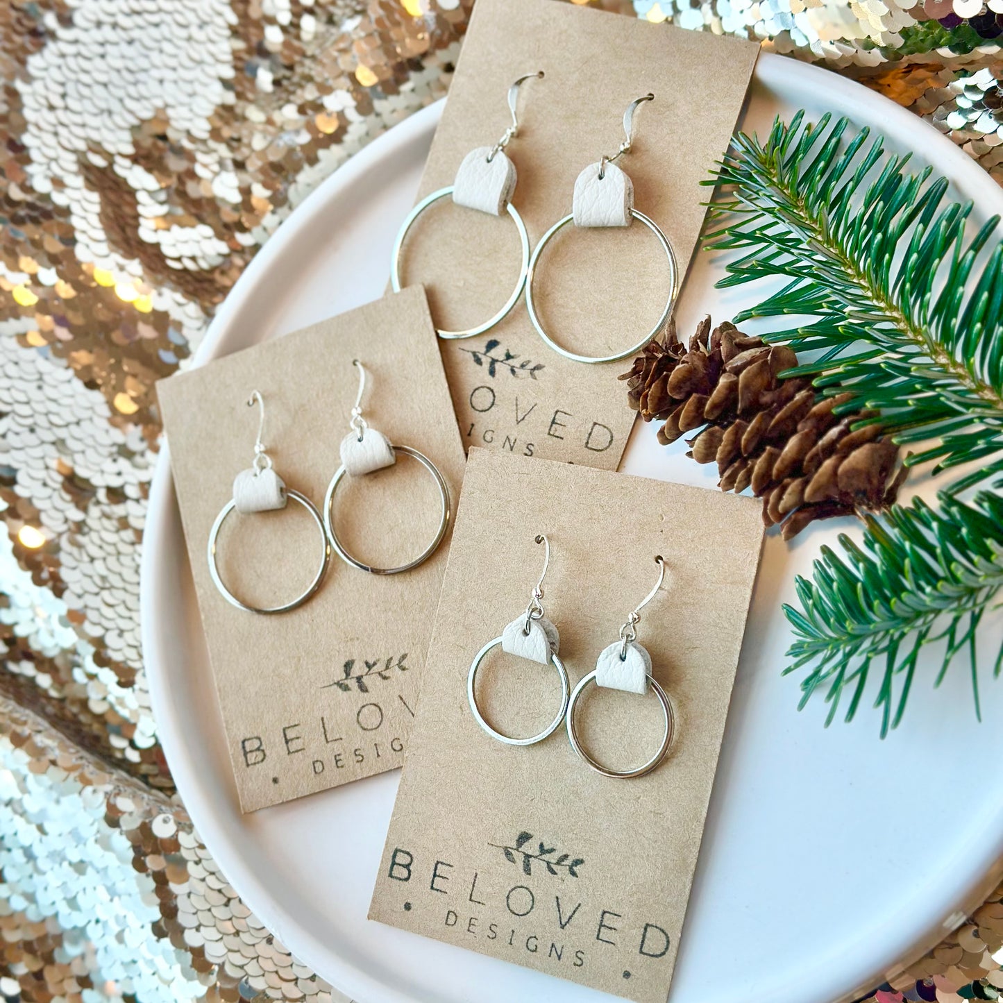 Cream Leather + Rhodium Hoop Earrings