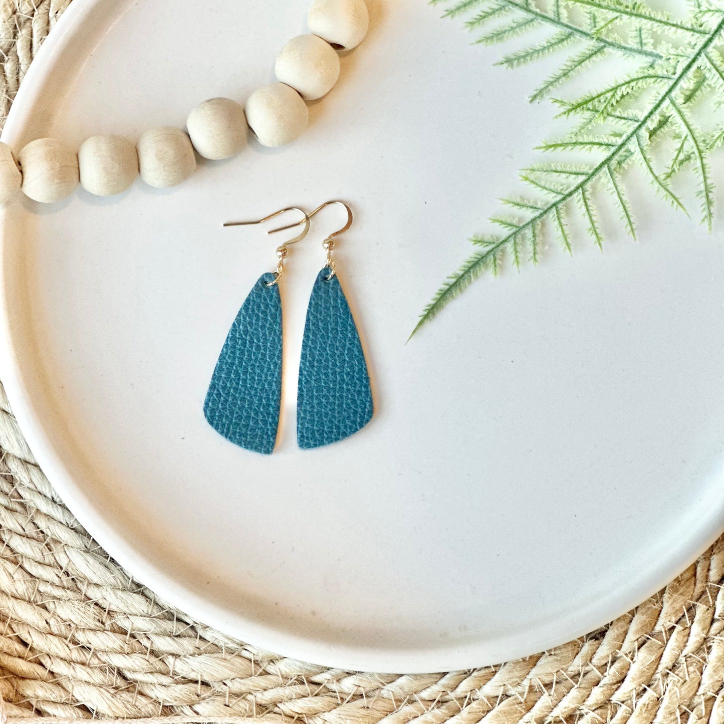 Pebbled Teal Leather Drop Leaf Earrings