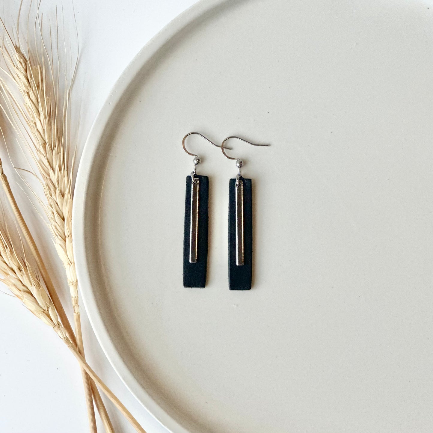 Black Leather Bar + Rhodium Bar Earrings