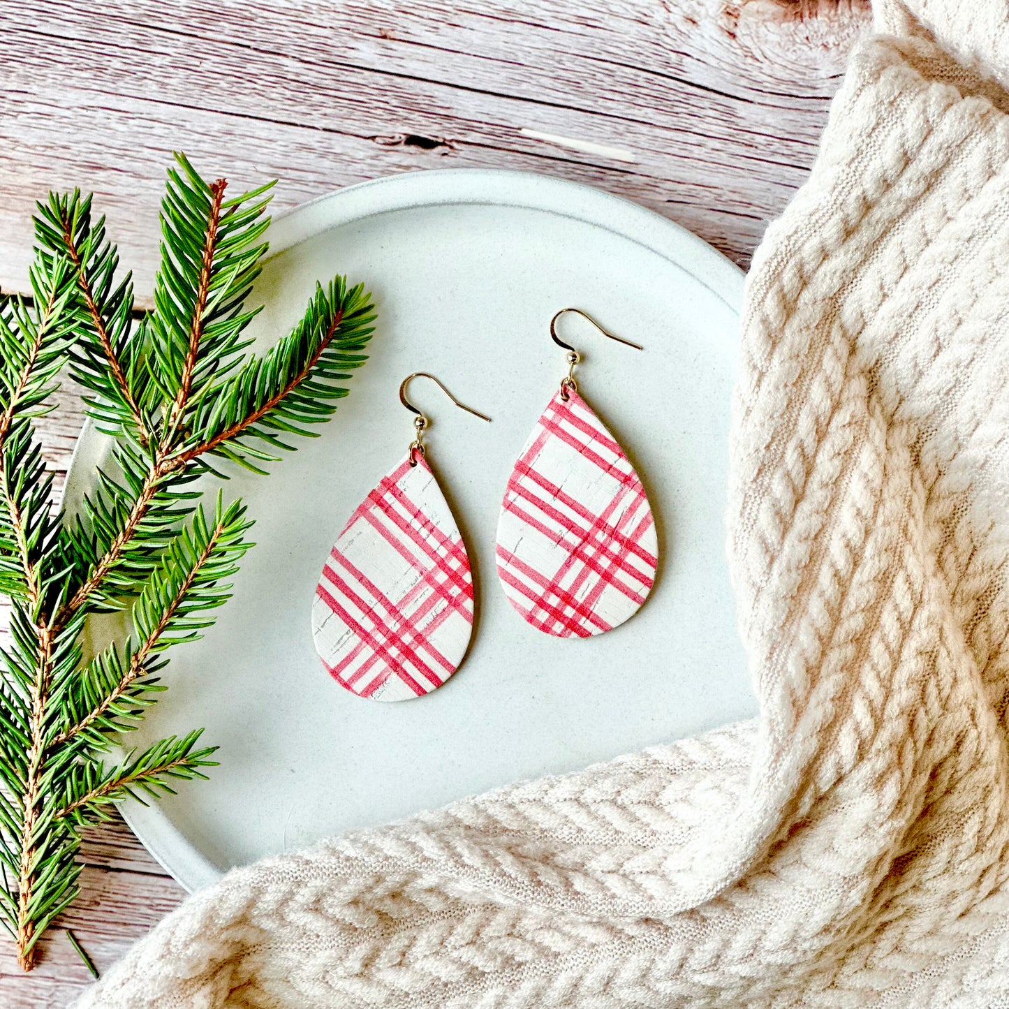 Farmhouse Plaid Cork Leather Teardrop Earrings