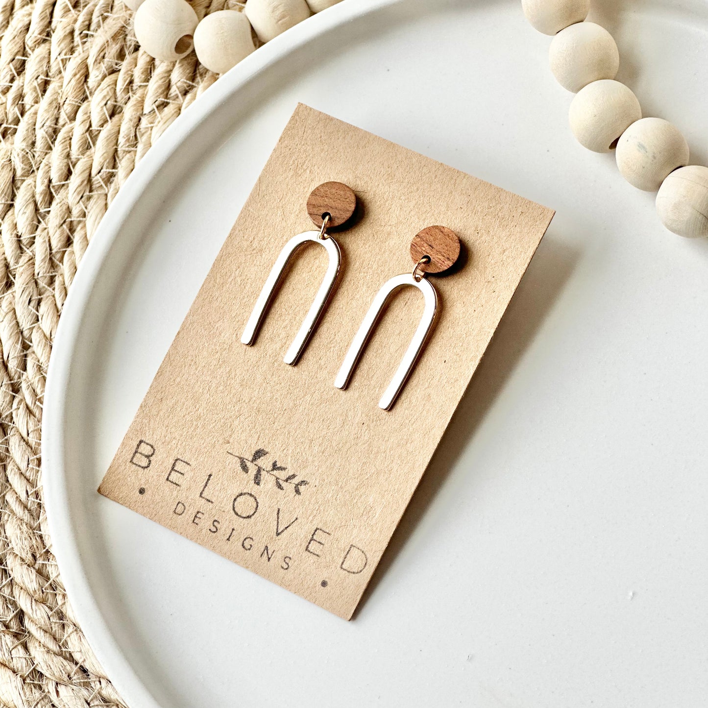 Gold Plated Arch + Wood Stud Earrings