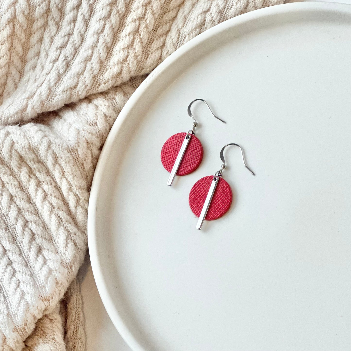 Cherry Red Textured Leather Circle + Bar Earrings