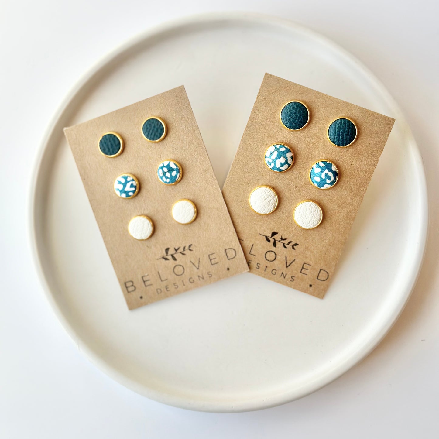 Trio Leather Stud Set - Dark Teal | Teal Leopard | Cream