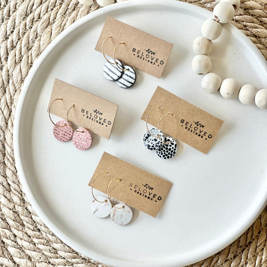 Leather Circle + Hoop Earrings - B + W Stripes