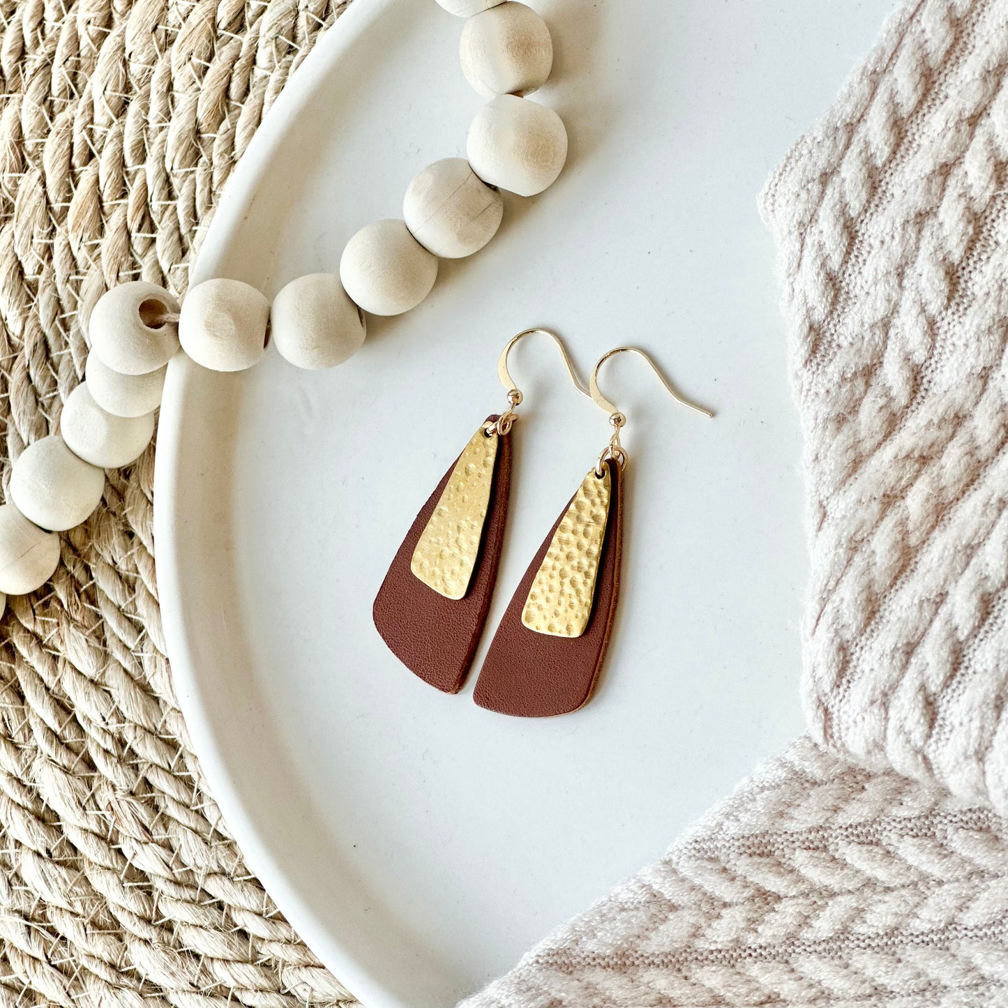 Cognac Leather Drop Leaf + Hammered Brass Earrings