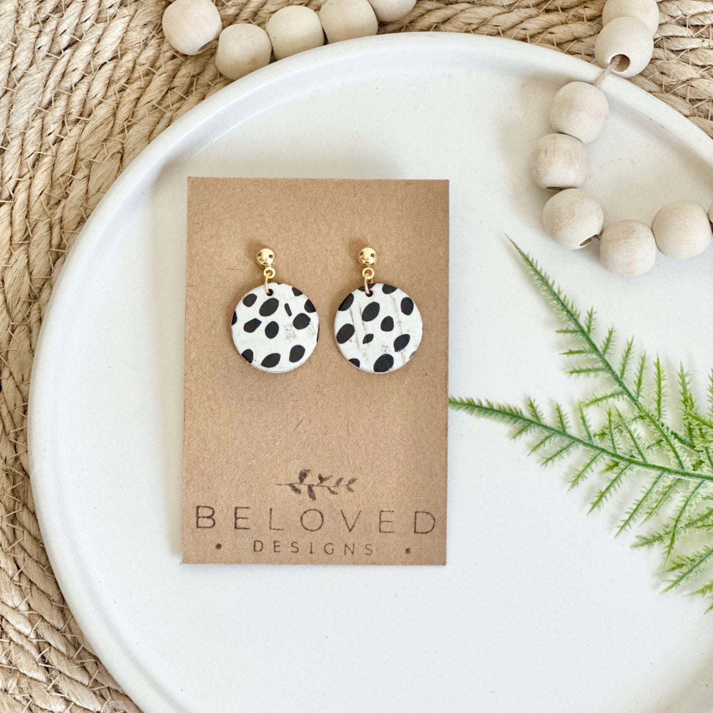 Dalmatian Cork Leather Circle + Stud Earrings