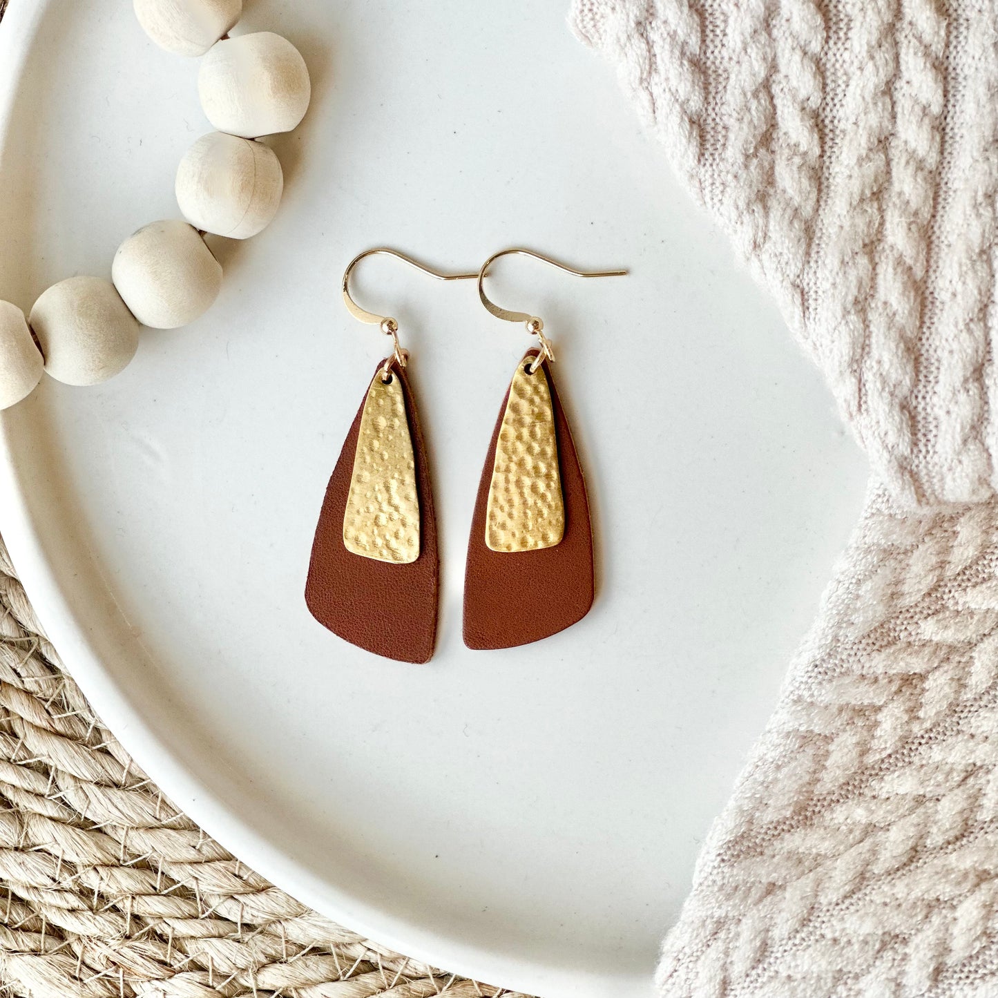 Cognac Leather Drop Leaf + Hammered Brass Earrings