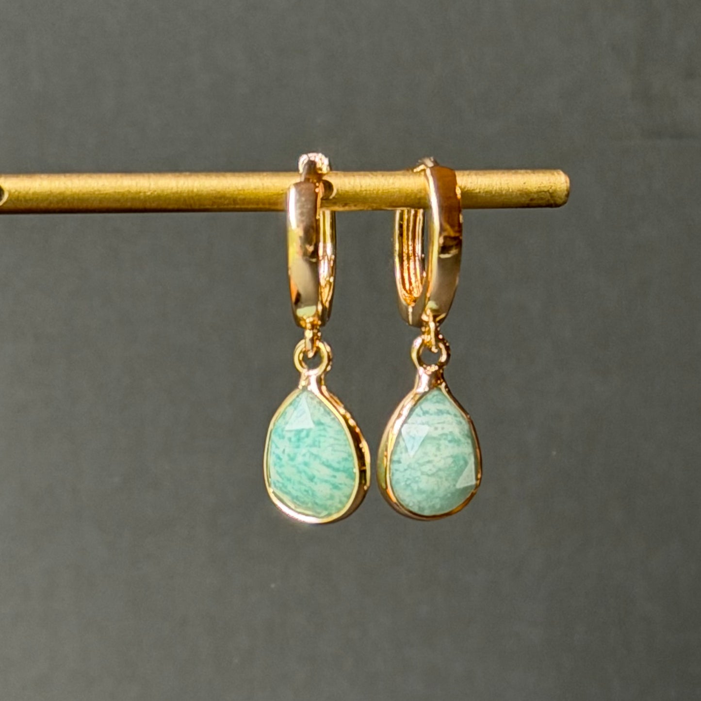 Gold Huggie + Opaque Mint Teardrop Earrings