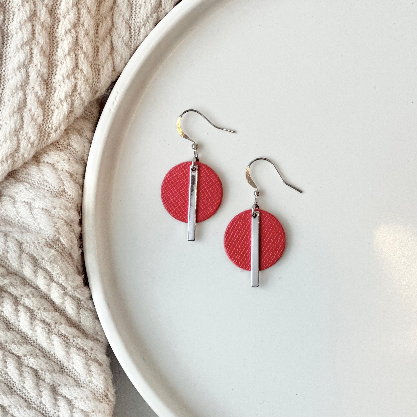 Cherry Red Textured Leather Circle + Bar Earrings