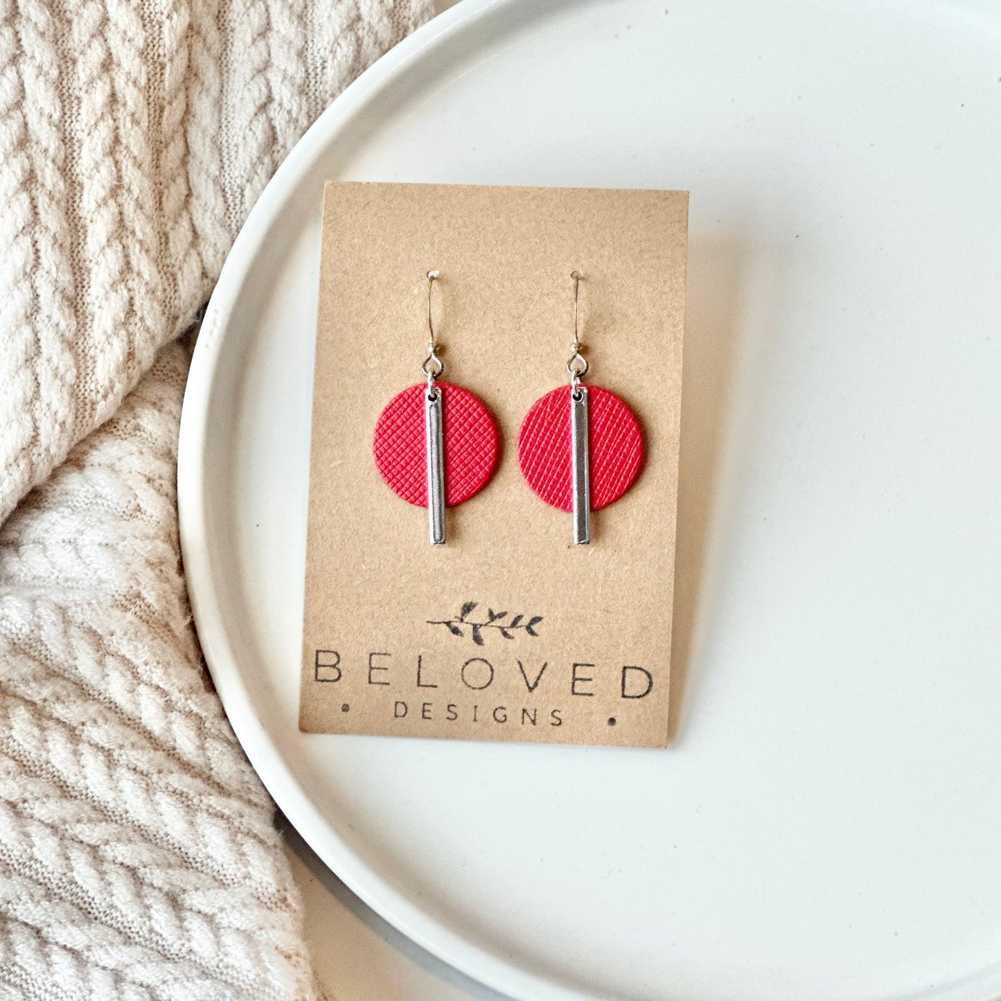 Cherry Red Textured Leather Circle + Bar Earrings