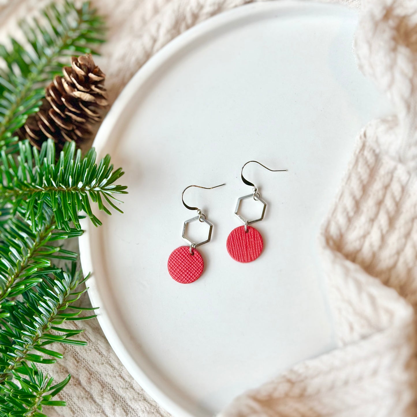 Cherry Red Textured Leather + Petite Rhodium Hexagon Earrings