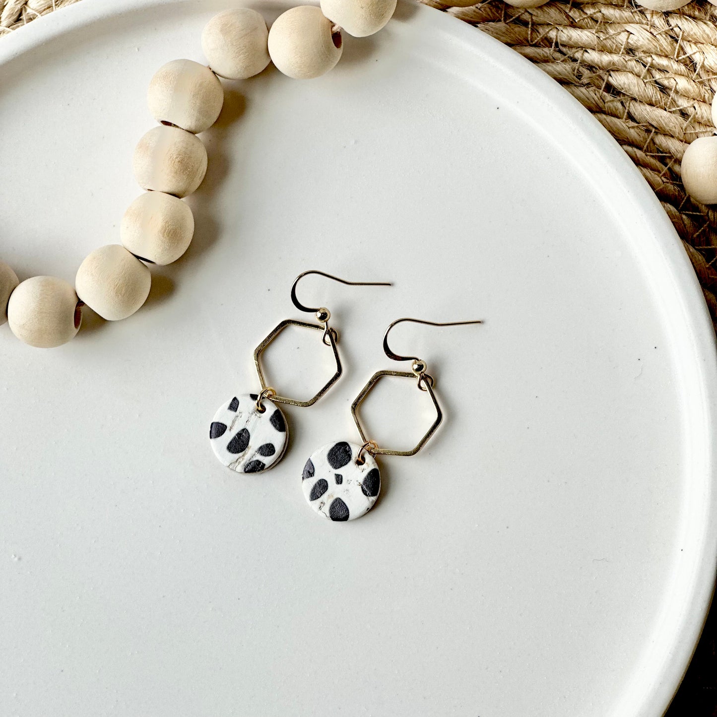 Dalmatian Cork Leather + Hexagon Earrings