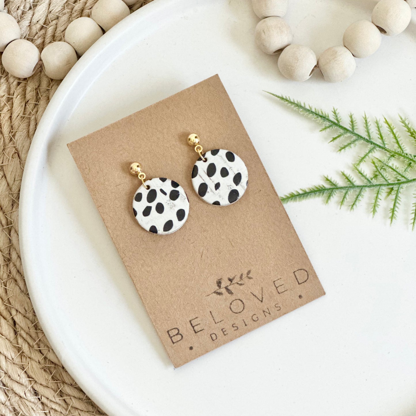 Dalmatian Cork Leather Circle + Stud Earrings