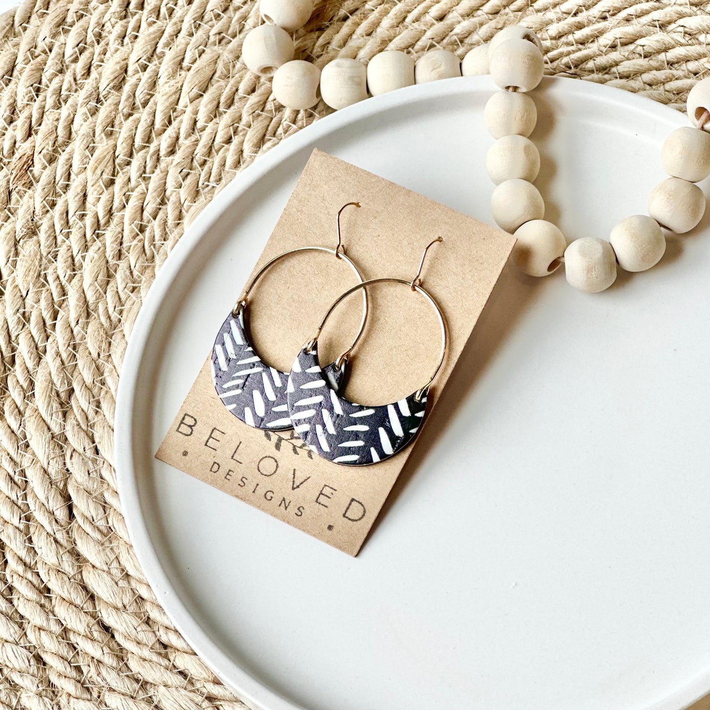 Black and White Chevron Cork Leather + Arch Earrings