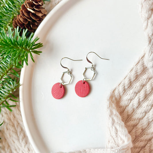 Cherry Red Textured Leather + Petite Rhodium Hexagon Earrings