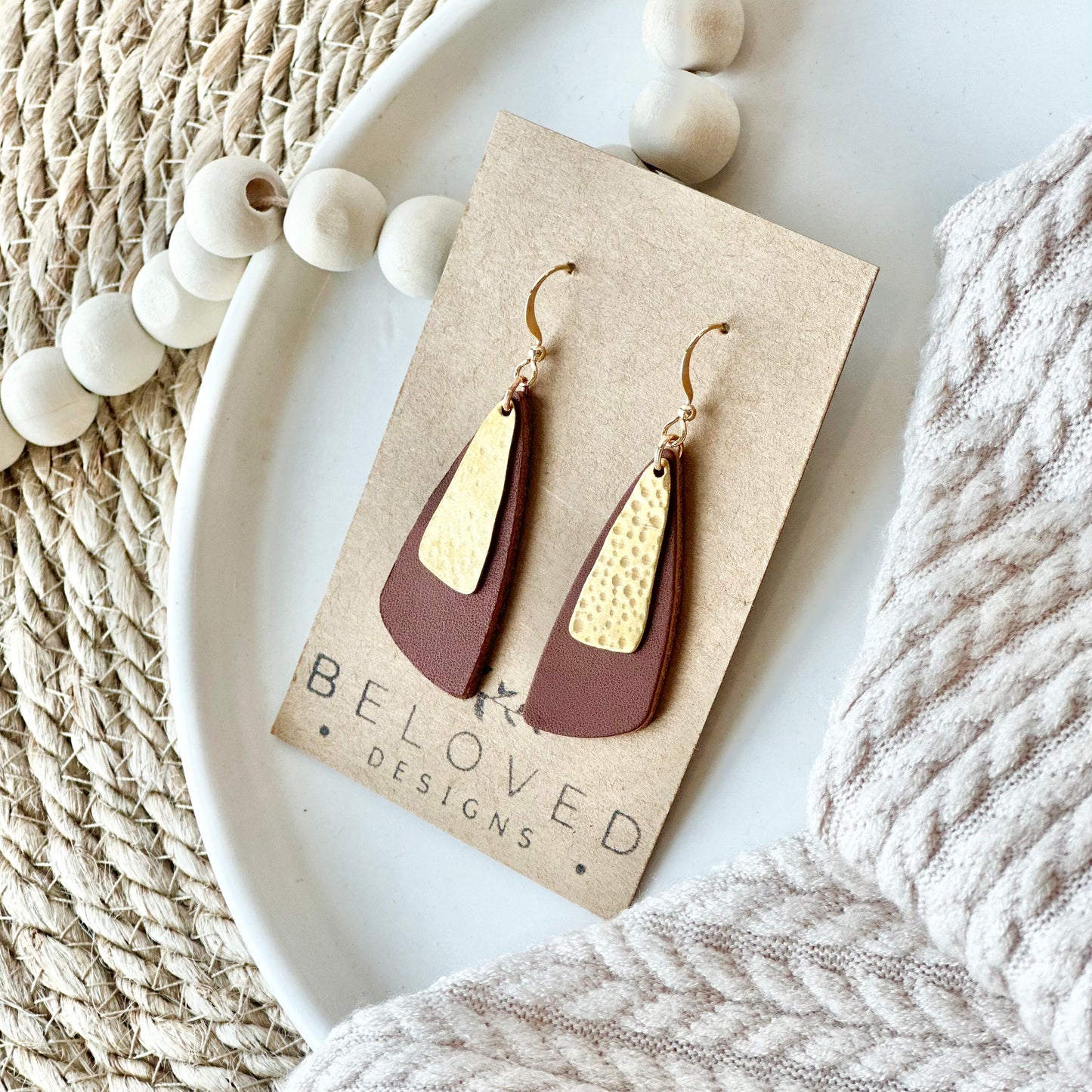 Cognac Leather Drop Leaf + Hammered Brass Earrings