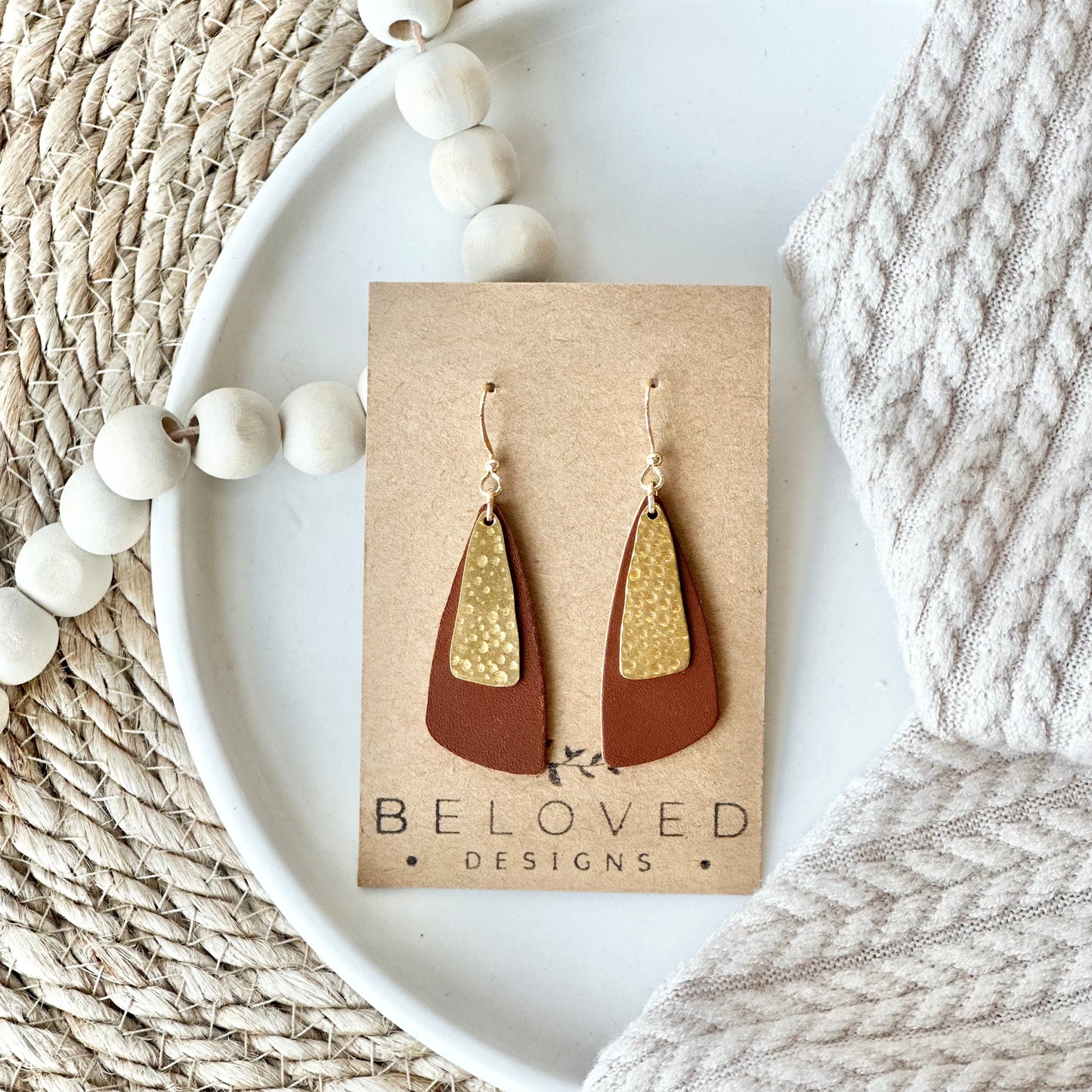 Cognac Leather Drop Leaf + Hammered Brass Earrings