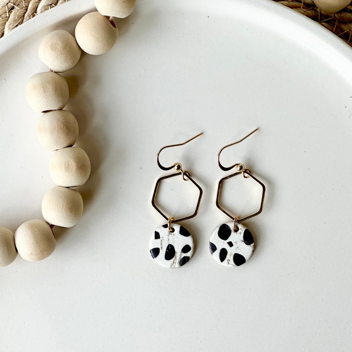 Dalmatian Cork Leather + Hexagon Earrings