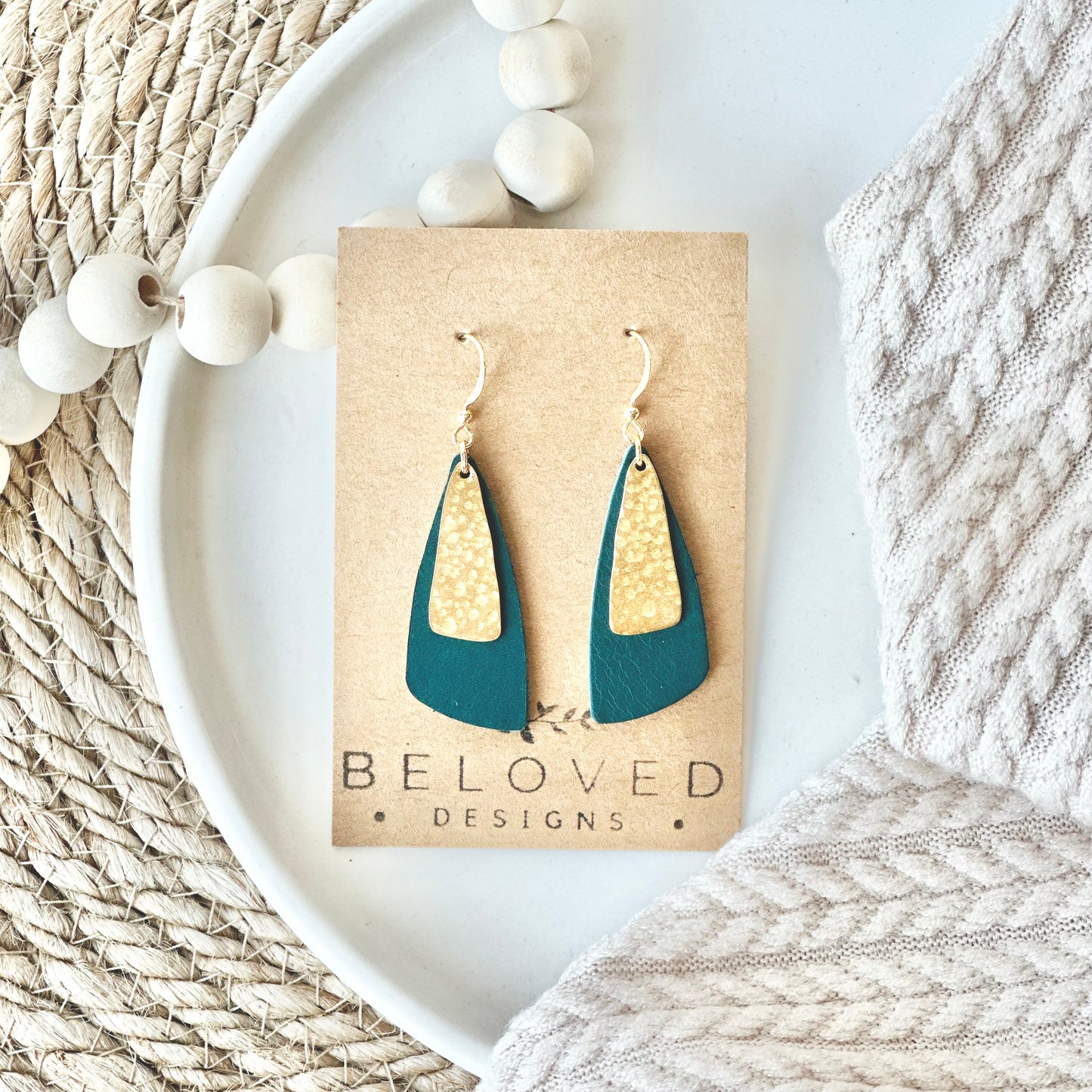 Deep Teal Leather Drop Leaf + Hammered Brass Earrings