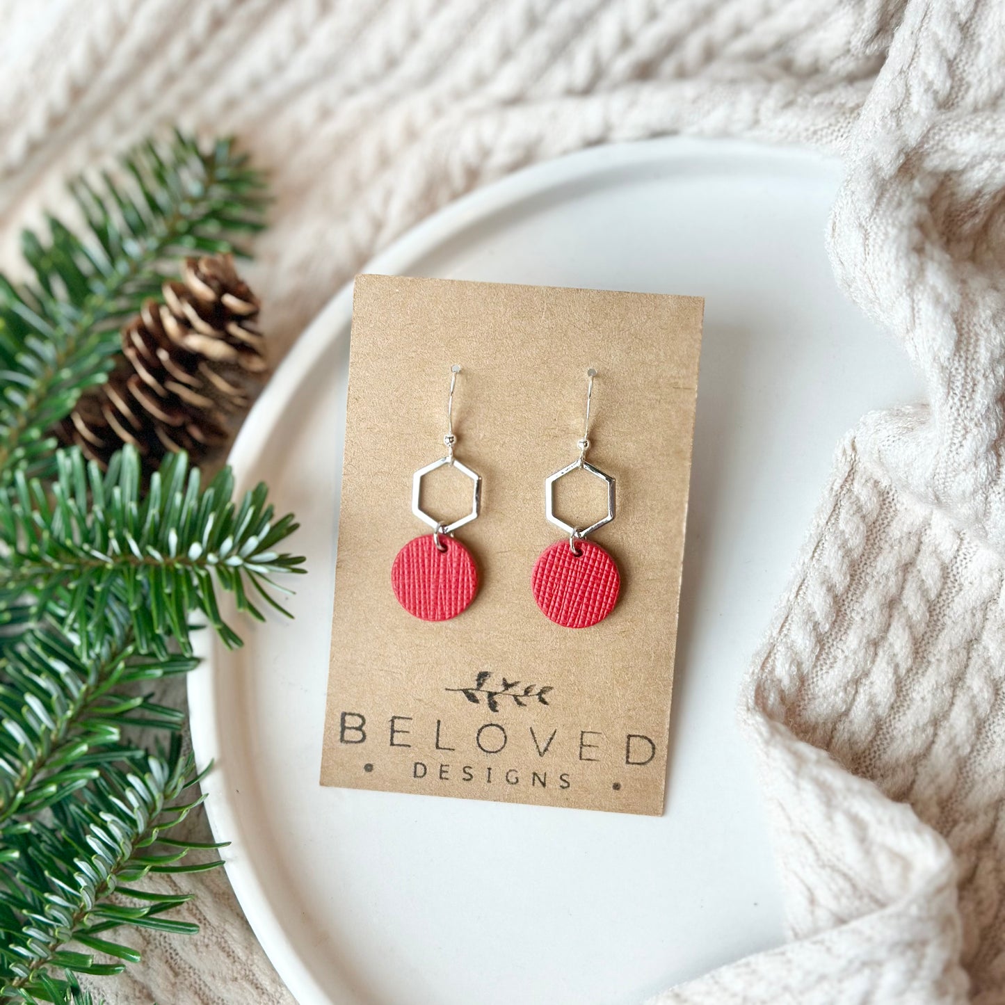 Cherry Red Textured Leather + Petite Rhodium Hexagon Earrings