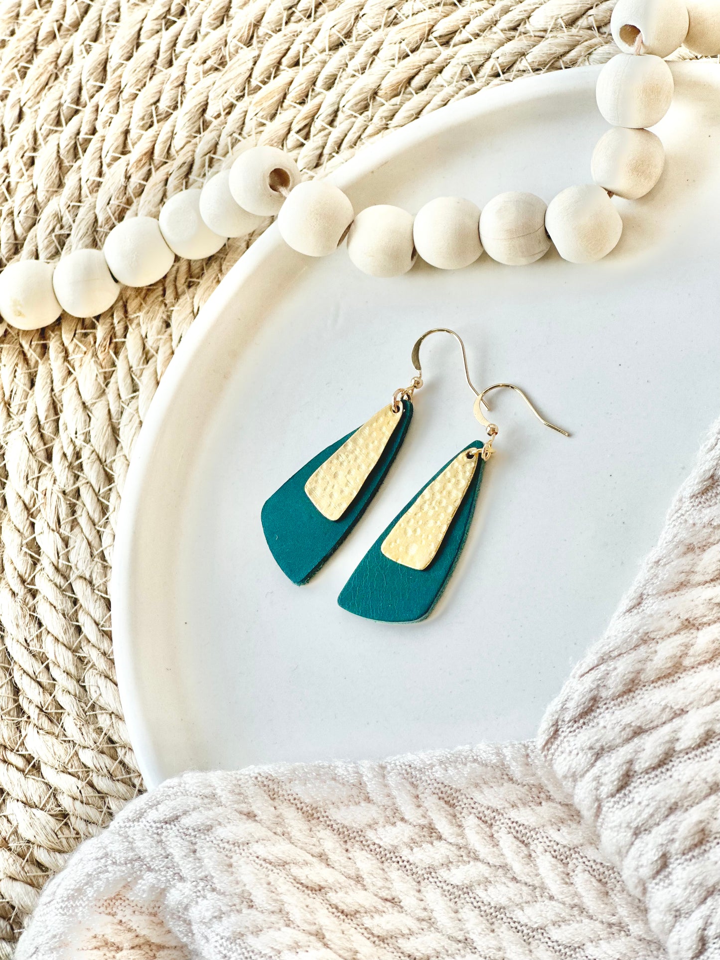 Deep Teal Leather Drop Leaf + Hammered Brass Earrings