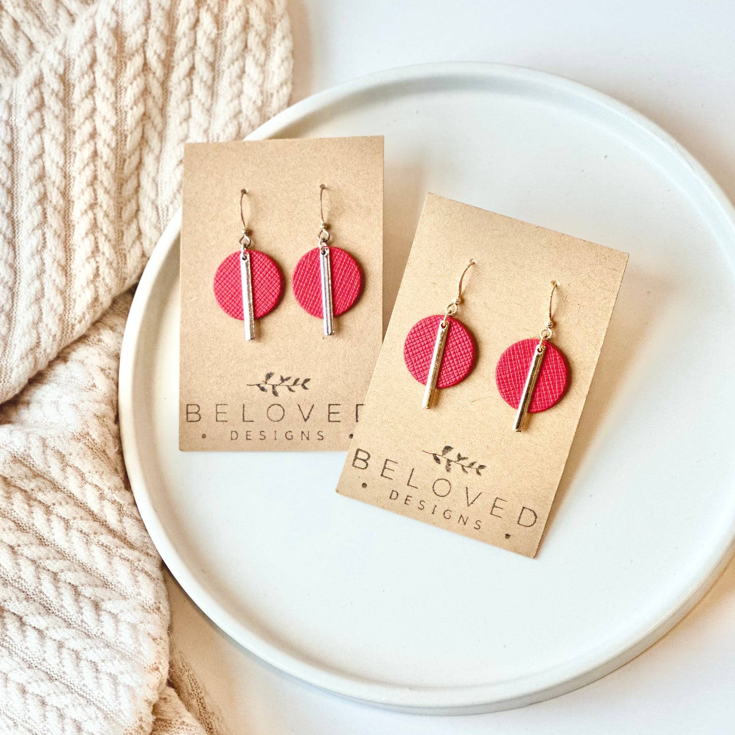 Cherry Red Textured Leather Circle + Bar Earrings