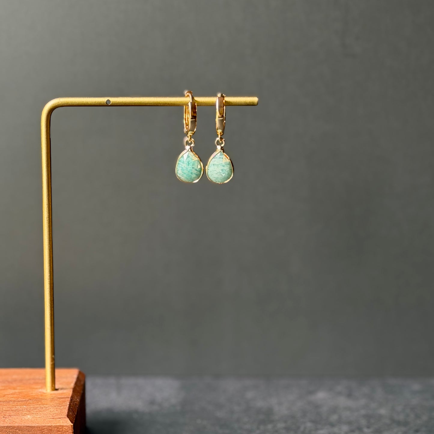 Gold Huggie + Opaque Mint Teardrop Earrings
