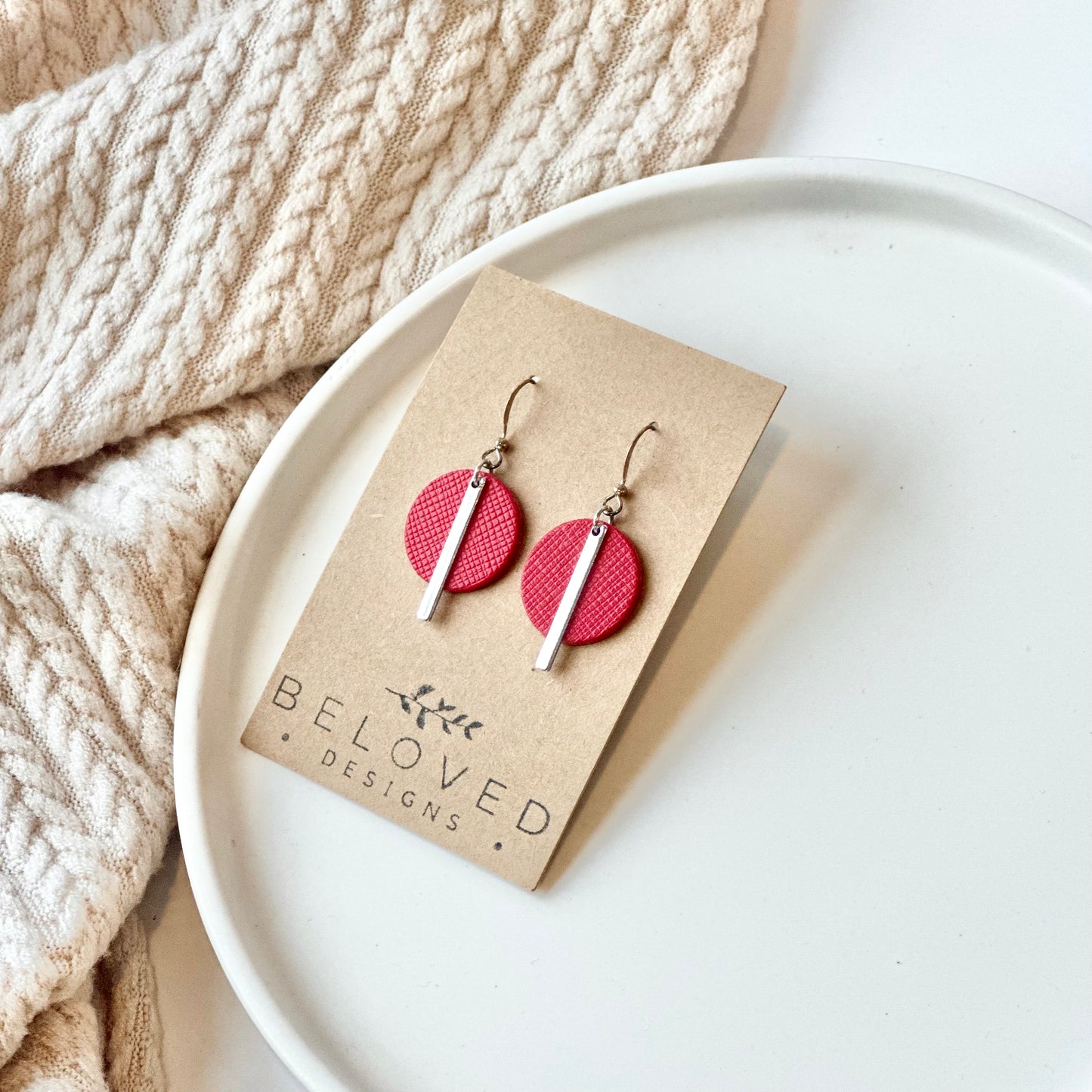 Cherry Red Textured Leather Circle + Bar Earrings