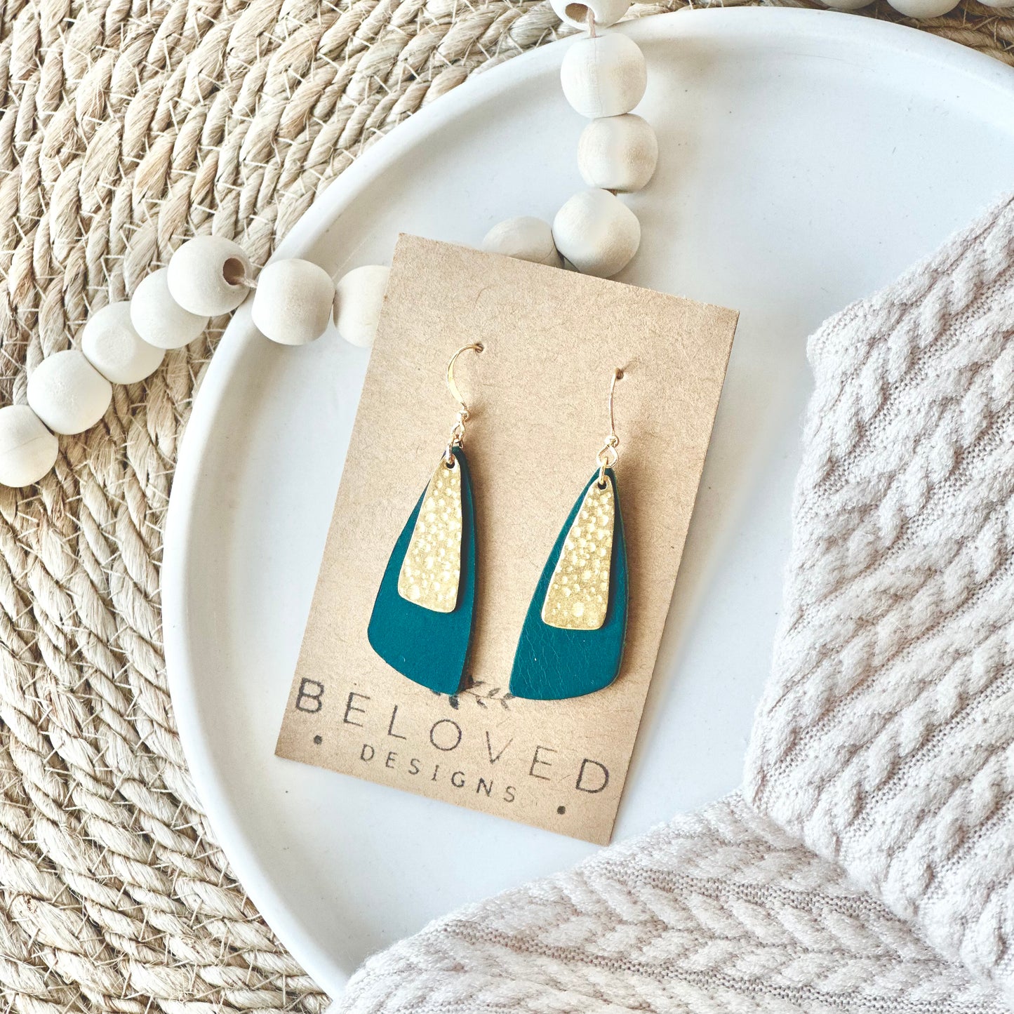 Deep Teal Leather Drop Leaf + Hammered Brass Earrings