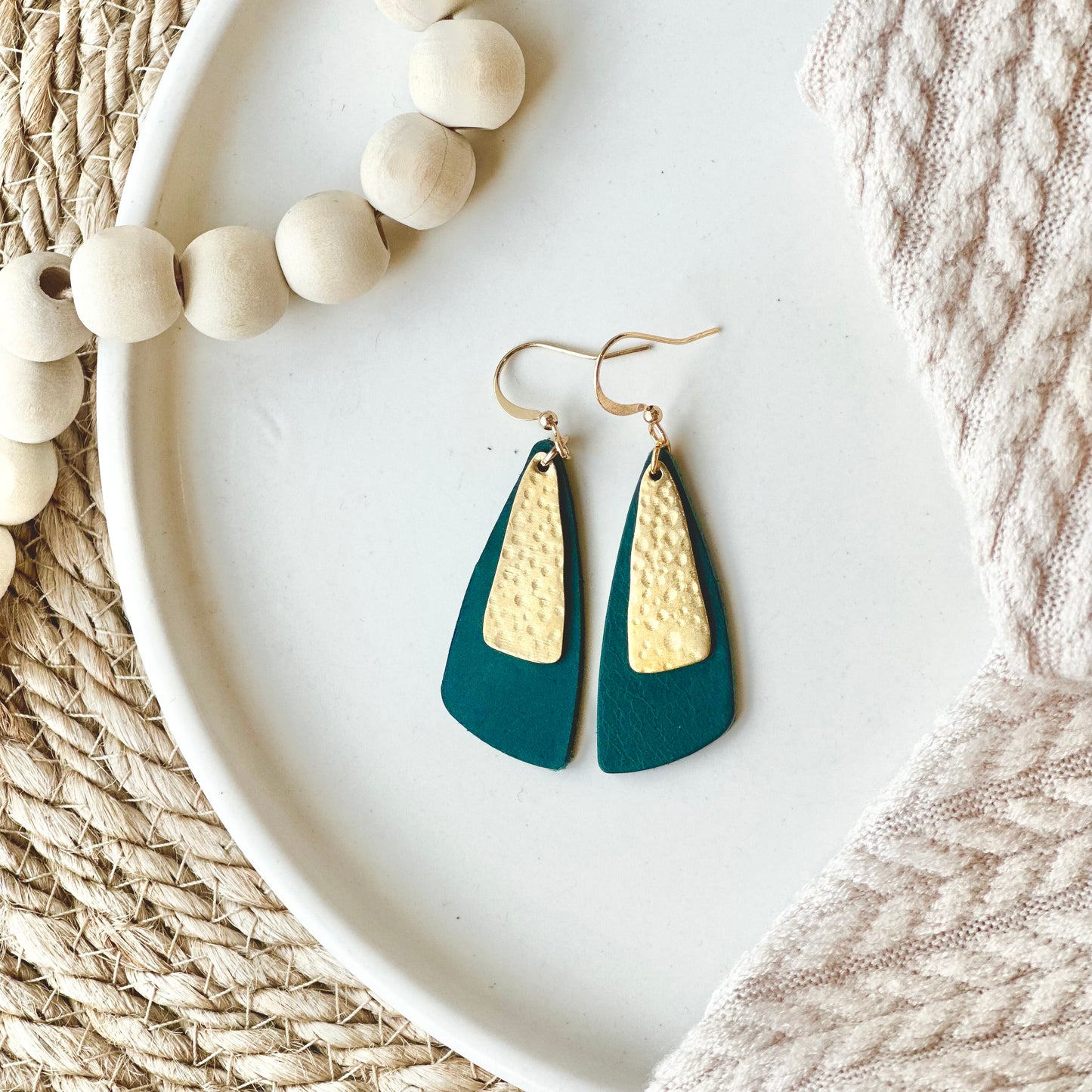 Deep Teal Leather Drop Leaf + Hammered Brass Earrings