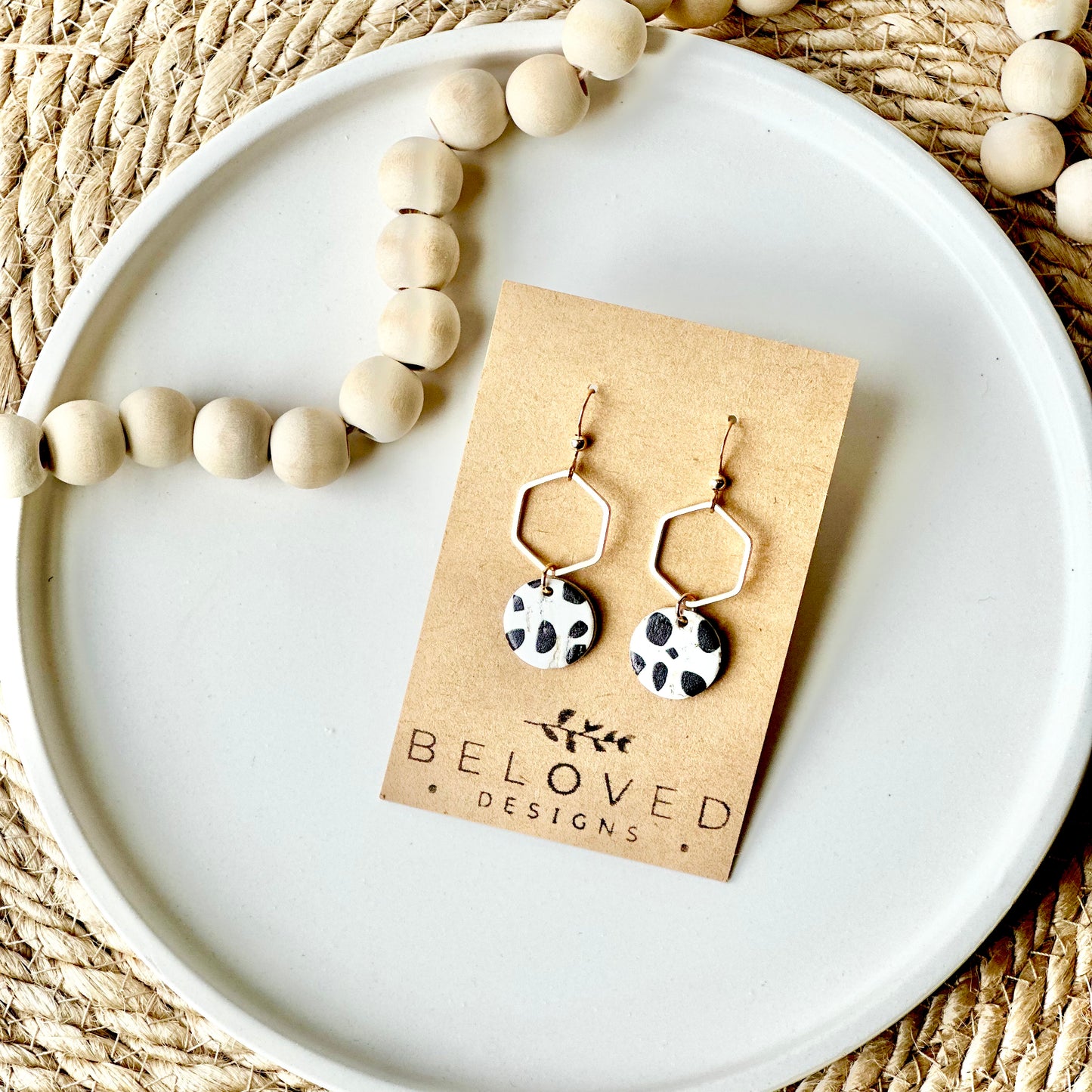 Dalmatian Cork Leather + Hexagon Earrings