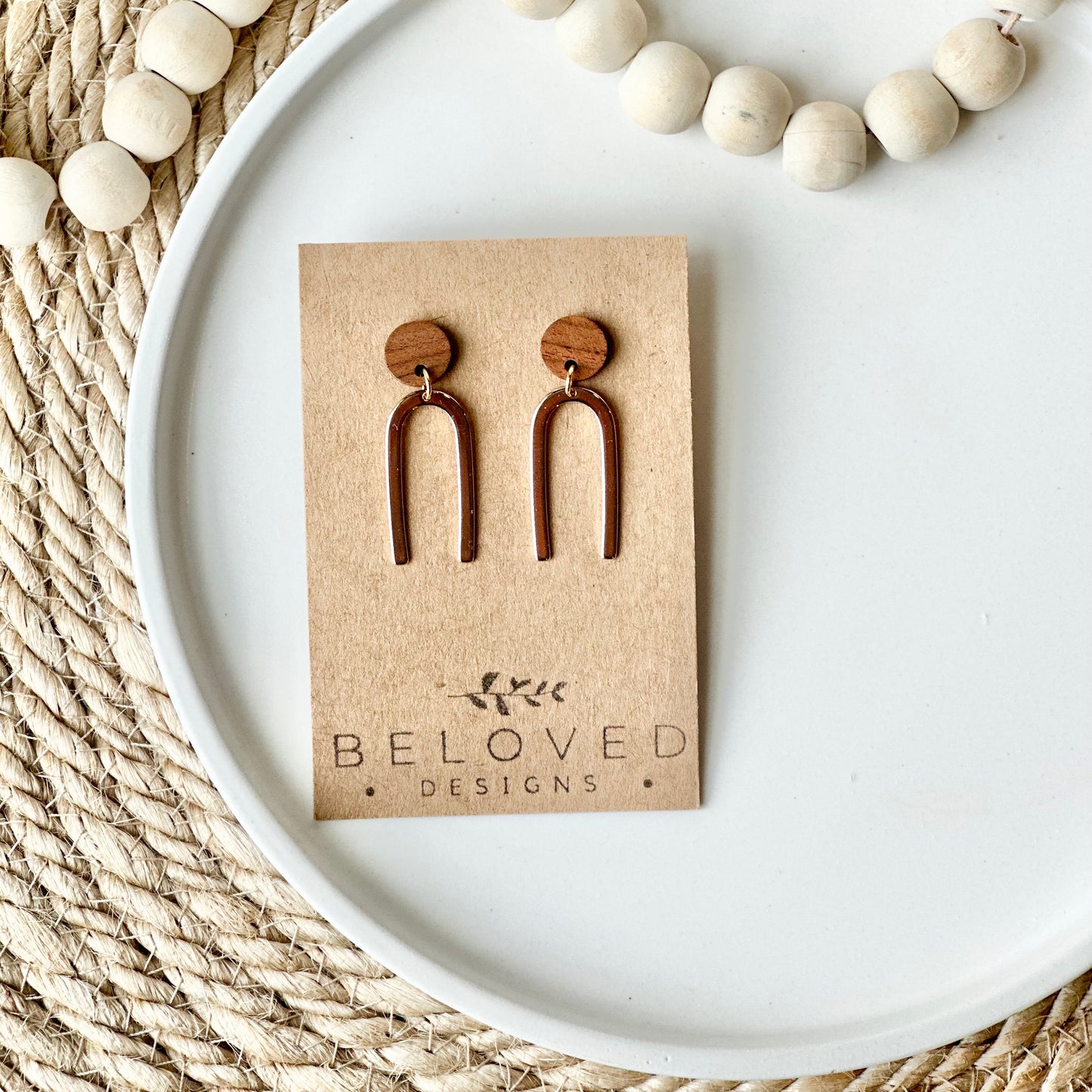 Gold Plated Arch + Wood Stud Earrings