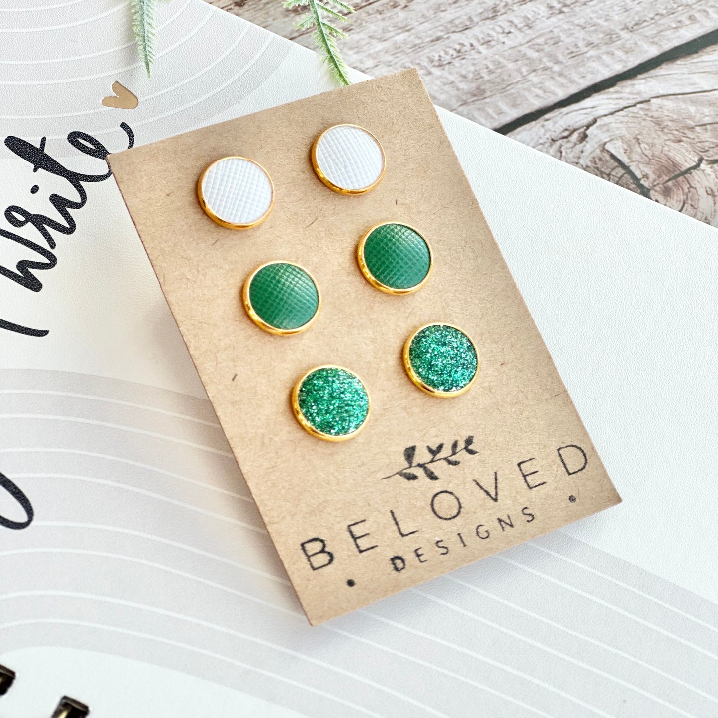 Trio Leather Stud Set - Kelly Green | White | Green Sparkle