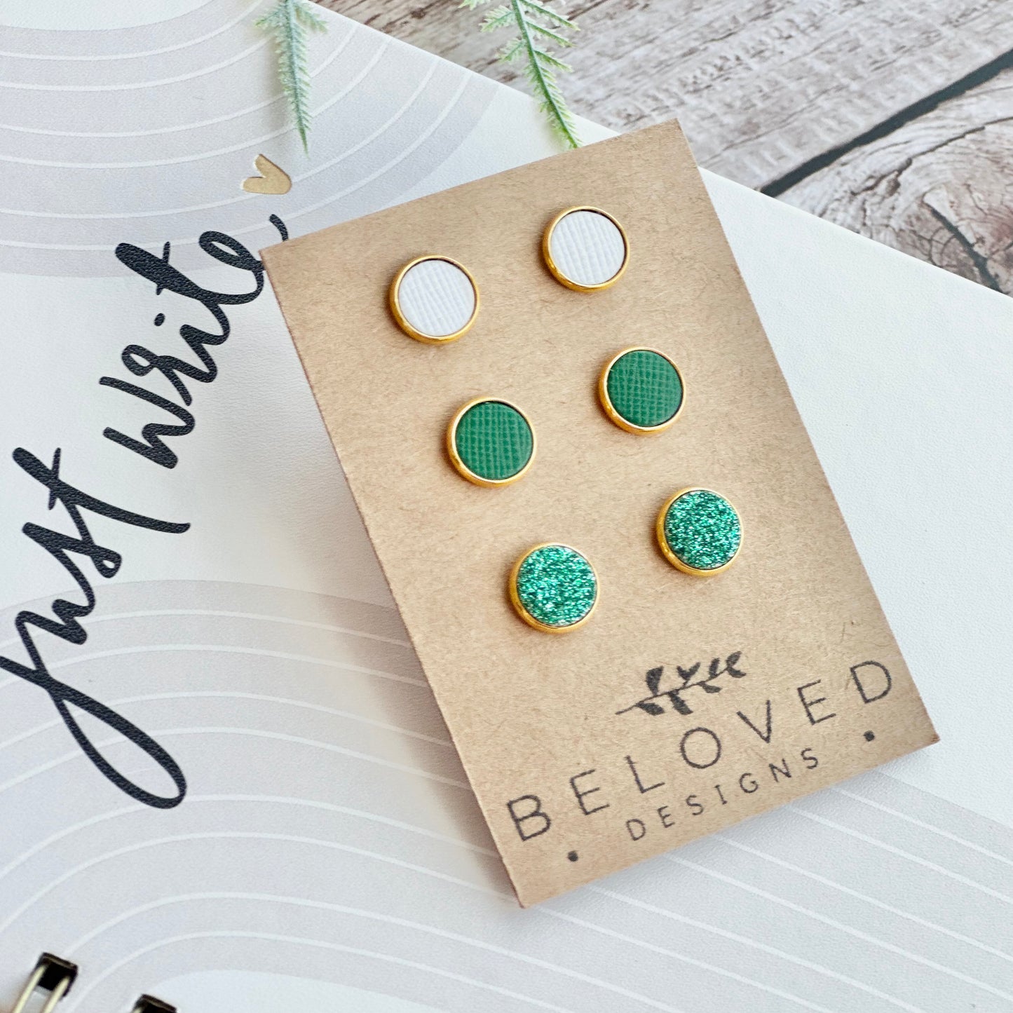 Trio Leather Stud Set - Kelly Green | White | Green Sparkle