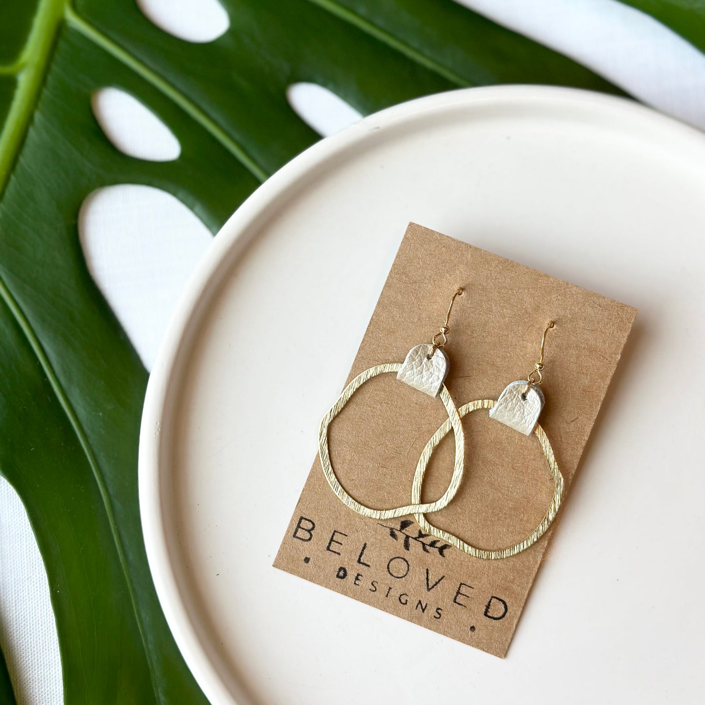 Shimmering Opal Leather + Abstract Brushed Brass Hoop Earrings