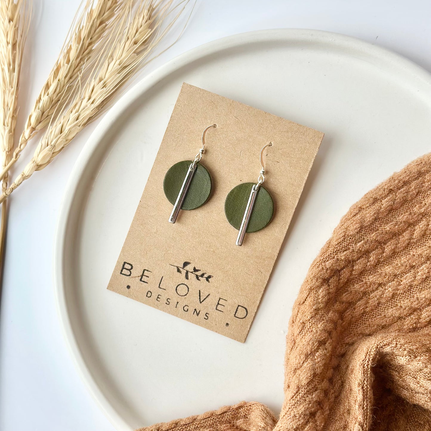 Olive Leather Circle + Rhodium Bar Earrings