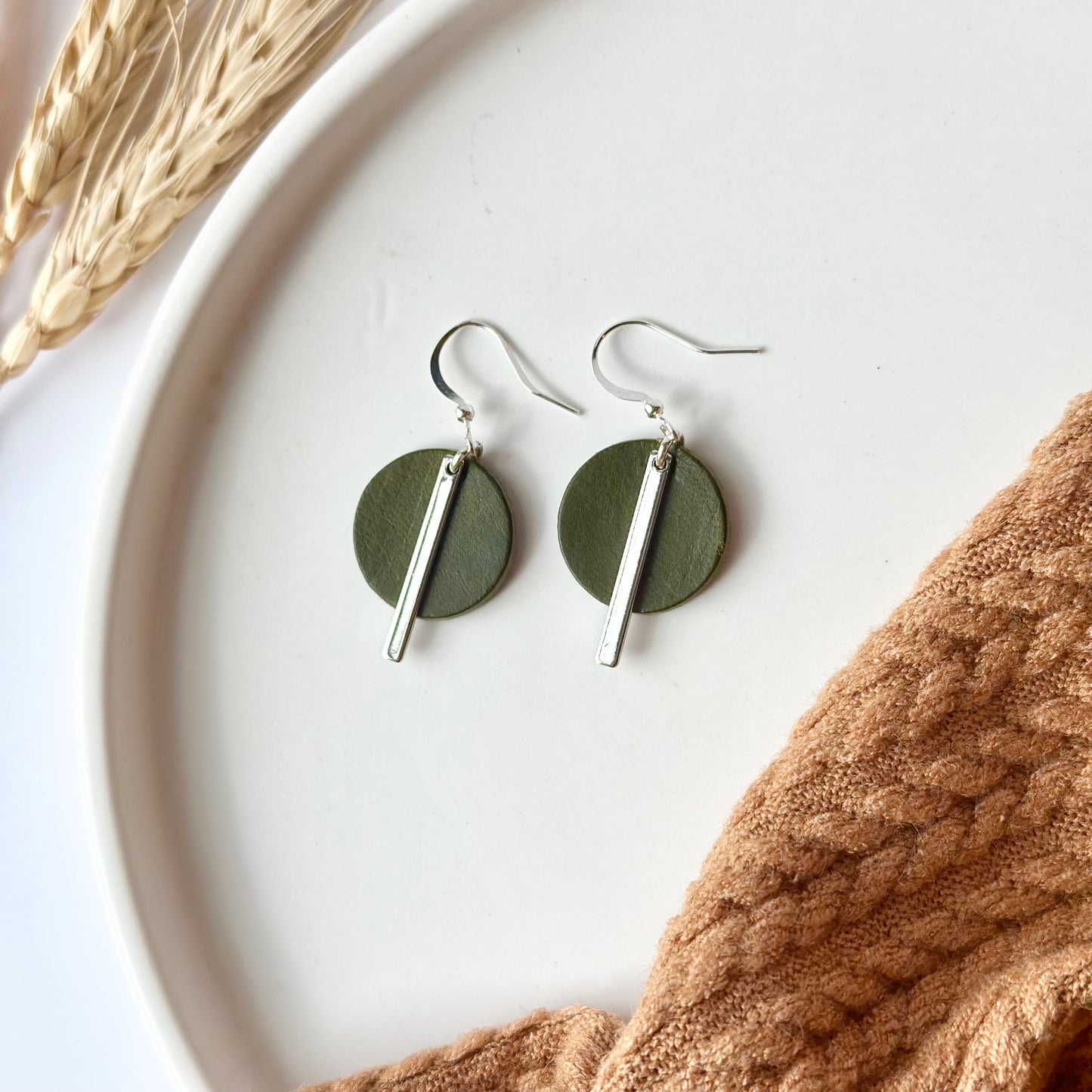 Olive Leather Circle + Rhodium Bar Earrings