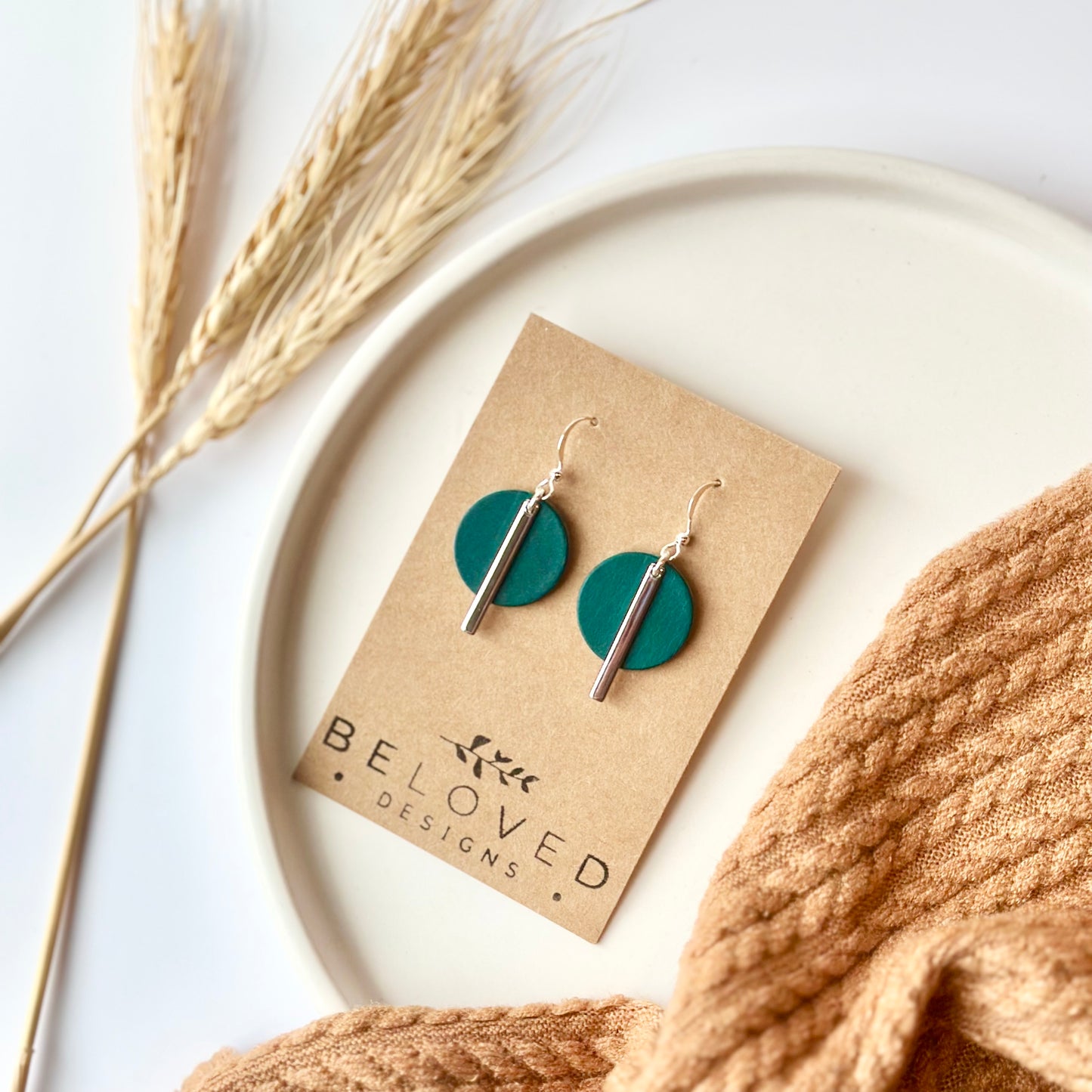 Deep Teal Leather Circle + Rhodium Bar Earrings