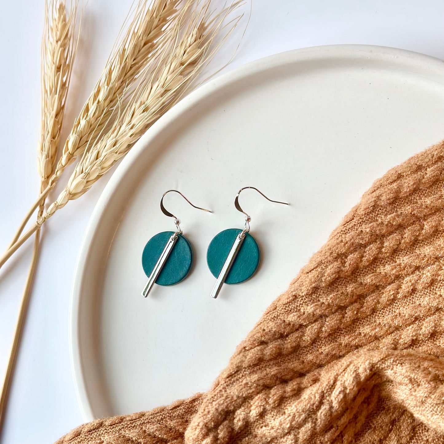 Deep Teal Leather Circle + Rhodium Bar Earrings