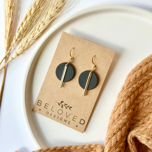 Black Leather Circle + Gold Bar Earrings