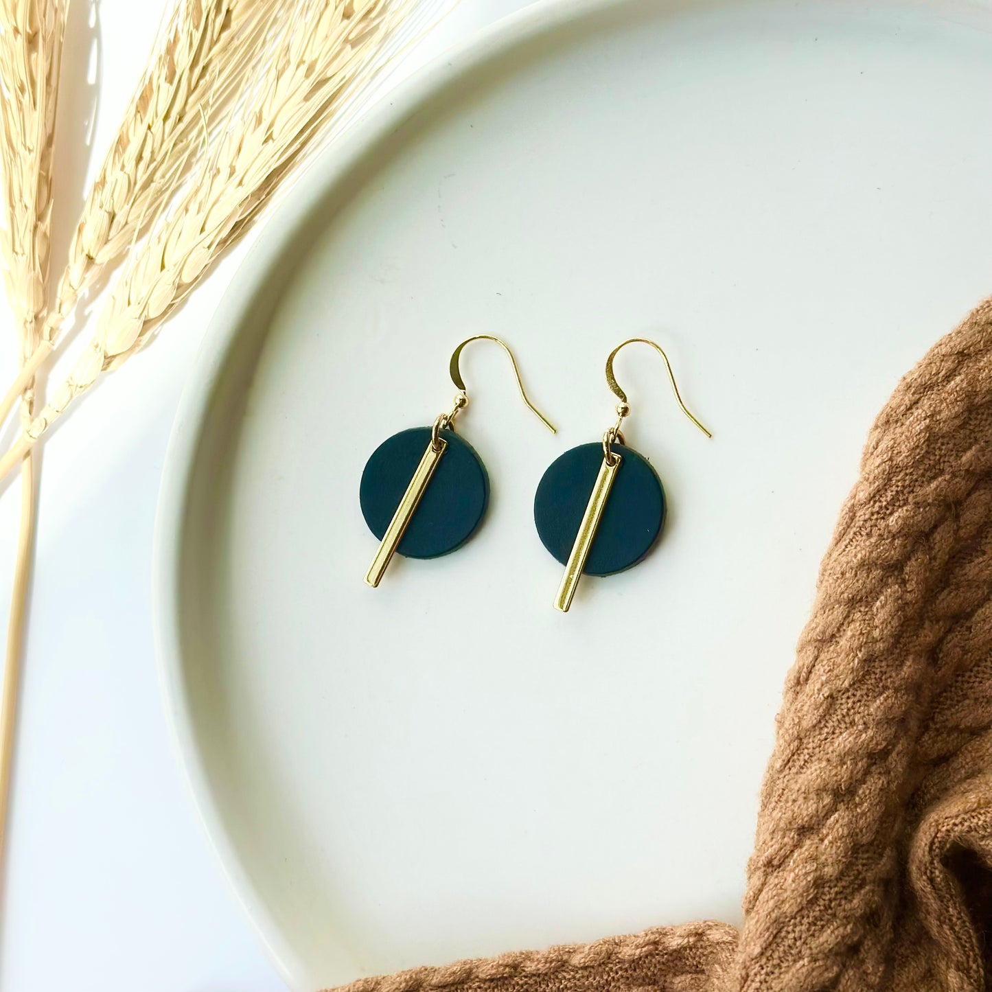 Black Leather Circle + Gold Bar Earrings