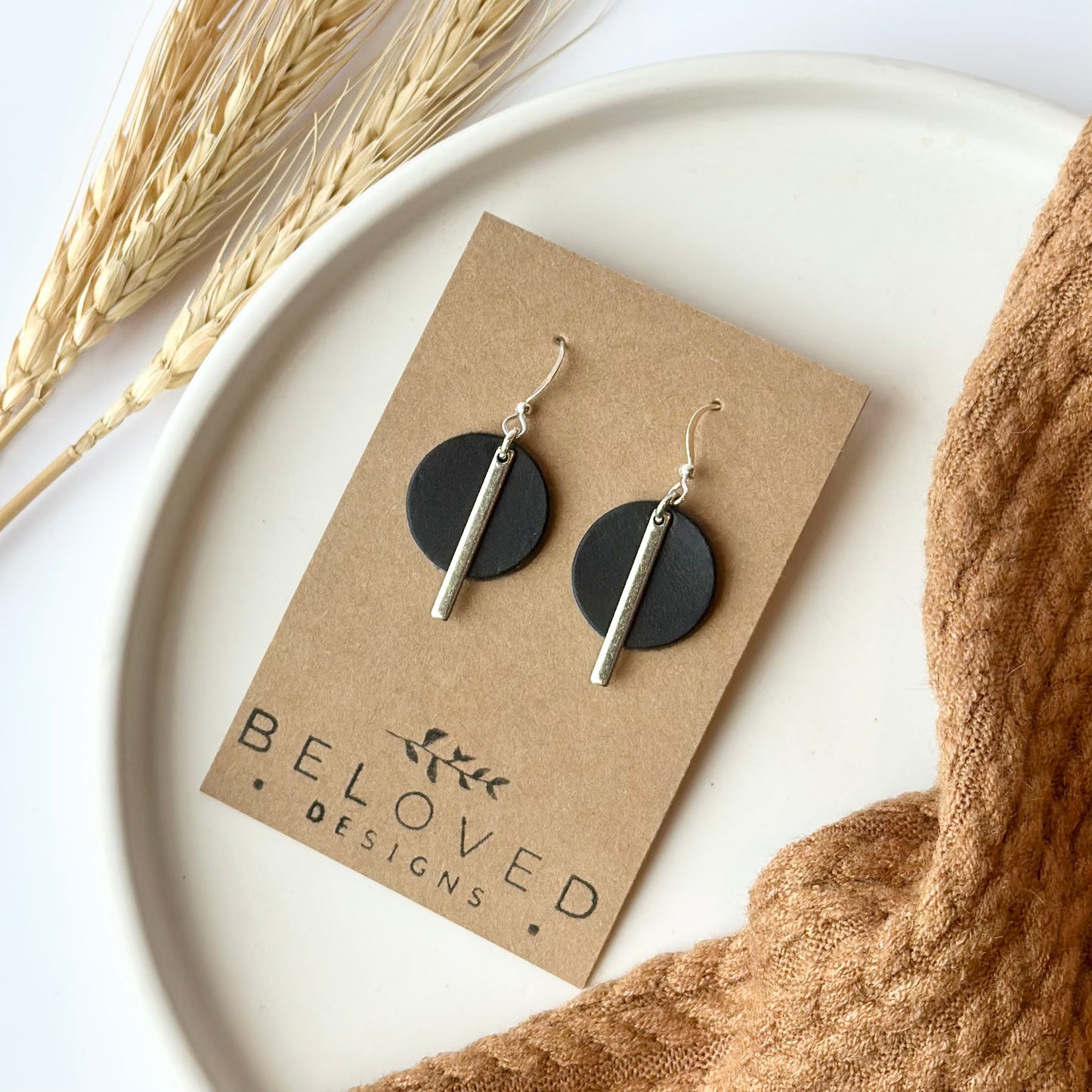 Black Leather Circle + Rhodium Bar Earrings