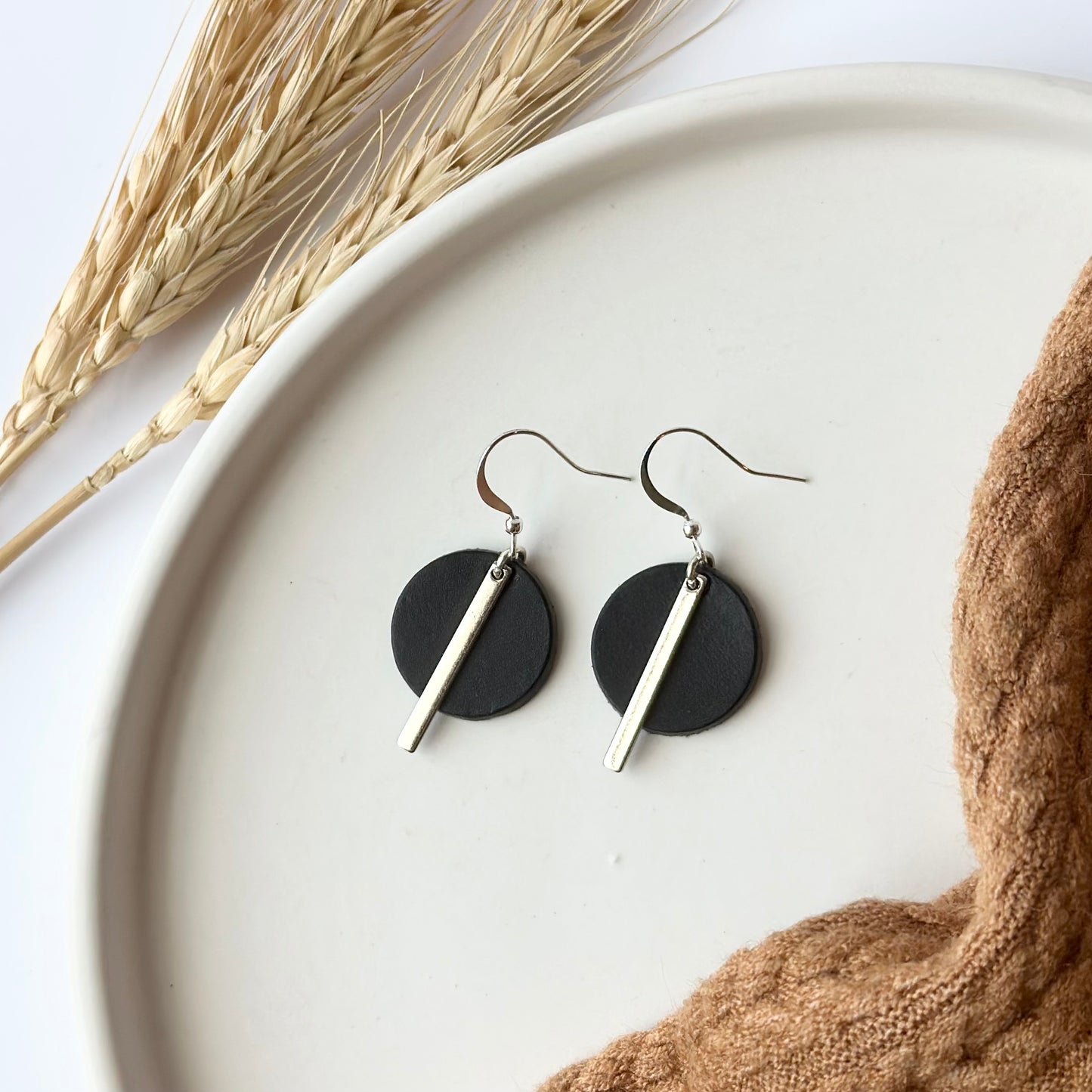 Black Leather Circle + Rhodium Bar Earrings