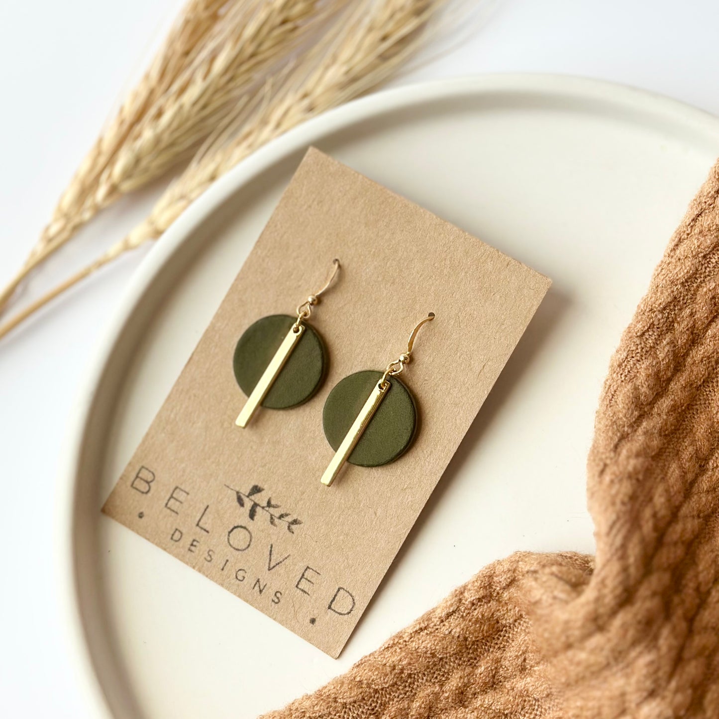 Olive Leather Circle + Gold Bar Earrings