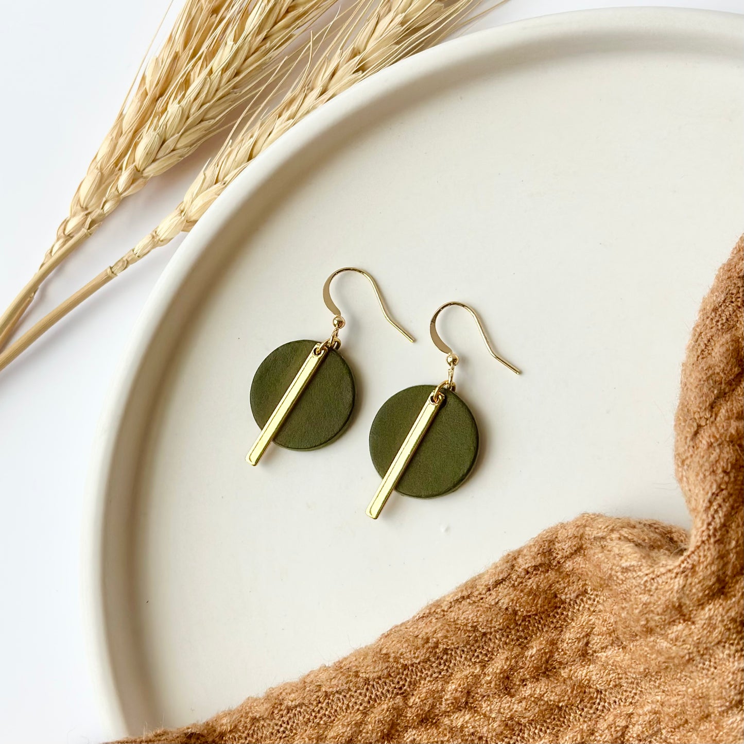 Olive Leather Circle + Gold Bar Earrings