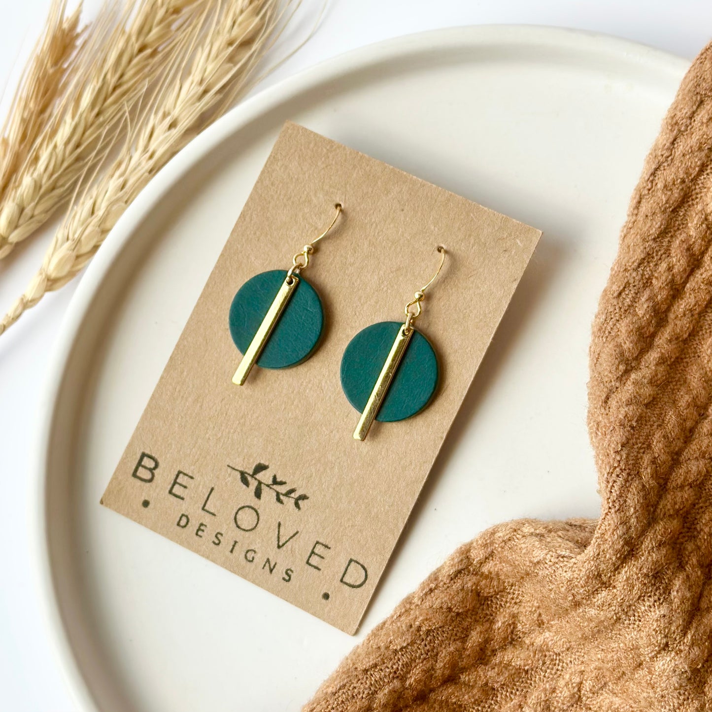 Deep Teal Leather Circle + Gold Bar Earrings