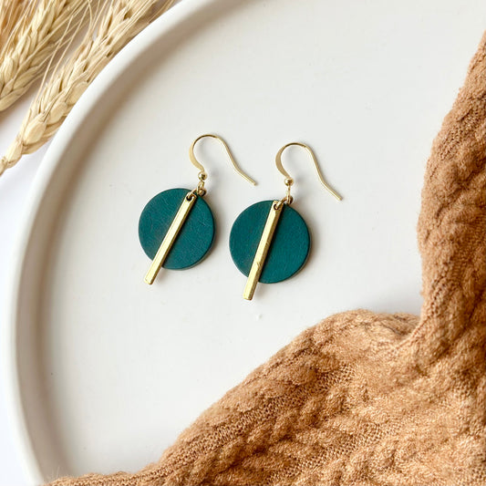 Deep Teal Leather Circle + Gold Bar Earrings